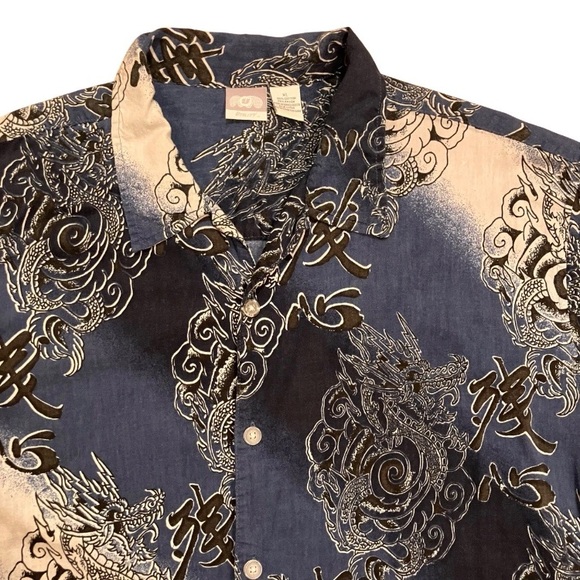 Y2K Utility Dragon Button Up Shirt XL Blue Cotton Rayon Asian Graphic - Picture 3 of 7